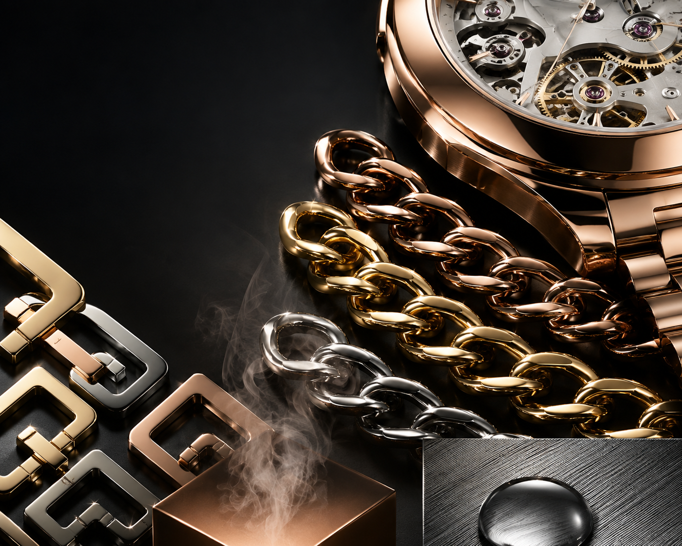 Gold, rose-gold and dark PVD finishes for jewelry and decorative hardware